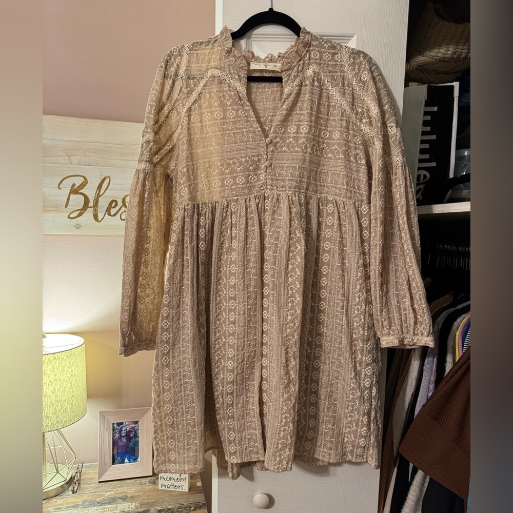 Impressions Tan Floral Lace Dress